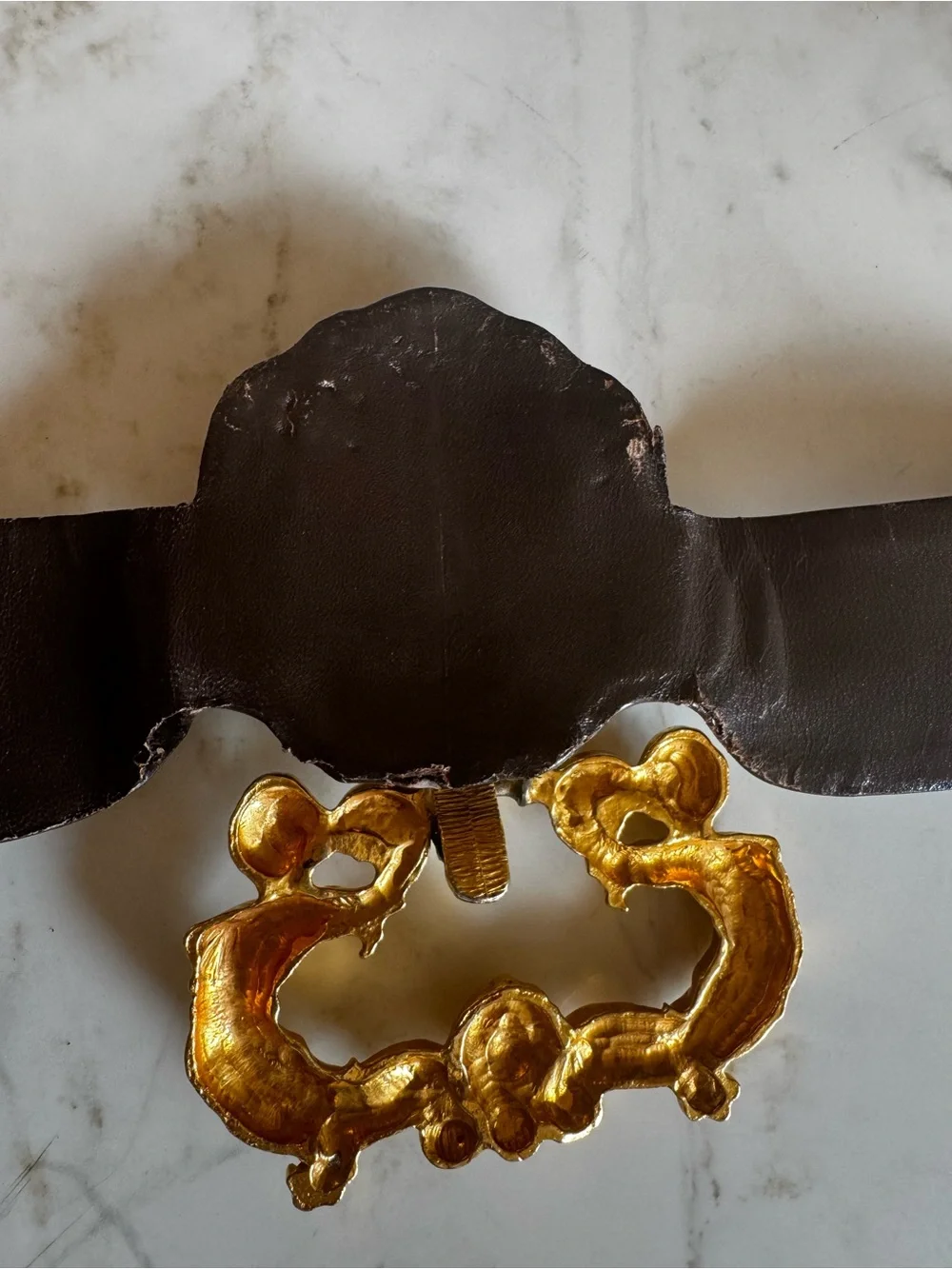 Vintage Judith Leiber Black Leather Belt with Ornate Gold Lion Buckle